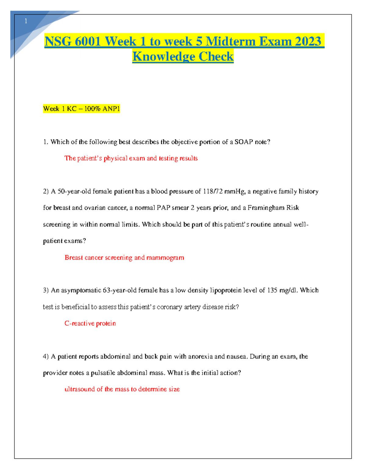NSG 6001 Week 1 to week 5 Midterm Exam 2023 Knowledge Check - NSG 6001 ...