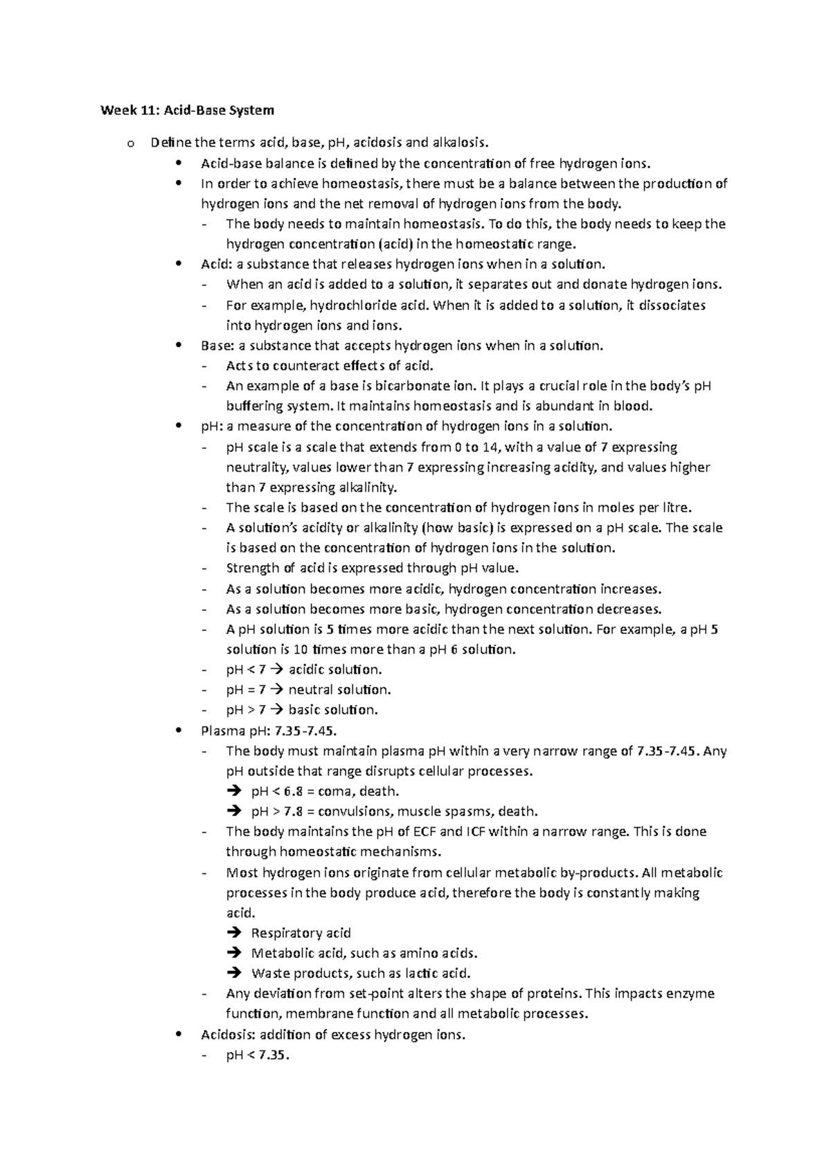 HBA WEEK 11 Acidbase Notes - Week 11: Acid-Base System o Define the ...