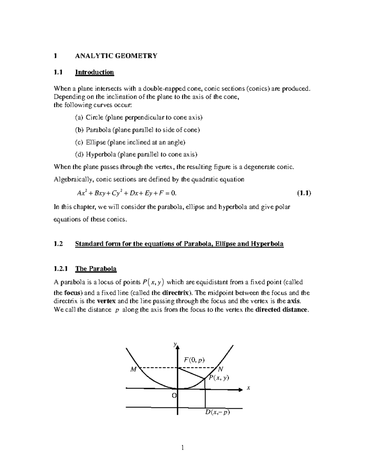 1. Analytic Geometry - MATH 2100 NOTES - ####### 1 ANALYTIC GEOMETRY 1 ...