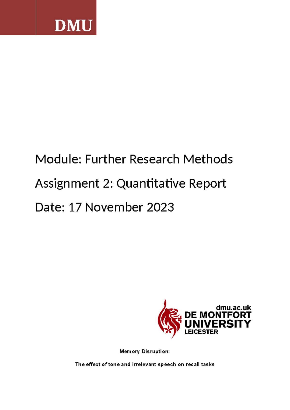 PSYC2013 - Assessment 2 - [Year] Module: Further Research Methods ...