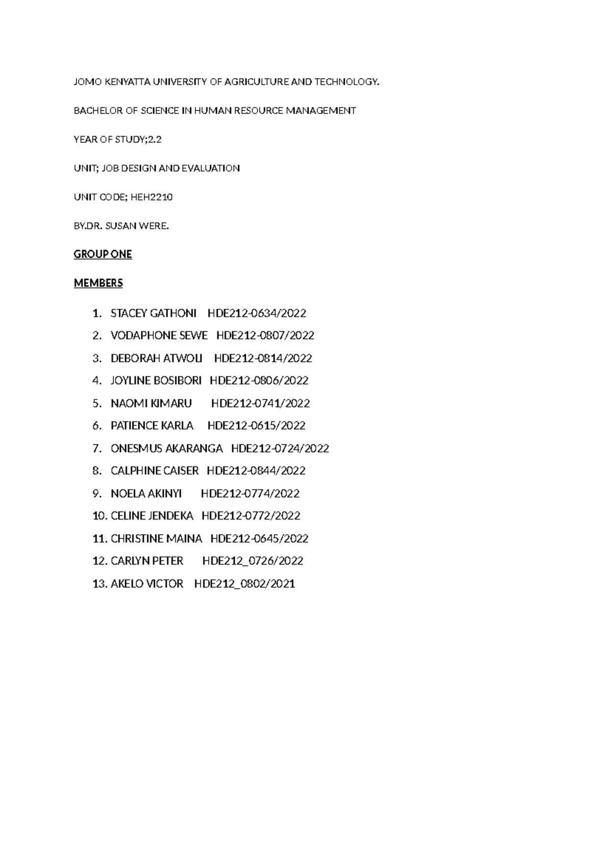 BHRM JOB Design Assignment group 1-1 - JOMO KENYATTA UNIVERSITY OF ...