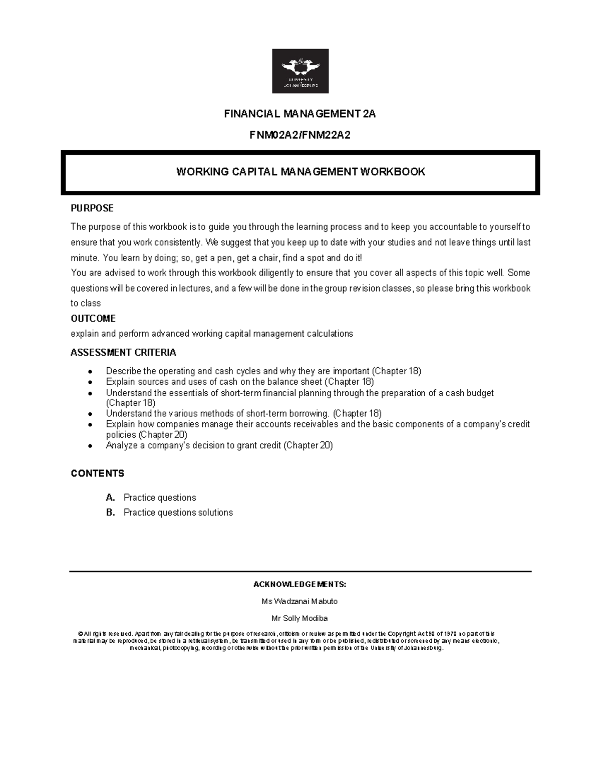 Working Capital Management Workbook - FINANCIAL MANAGEMENT 2A FNM02A2 ...