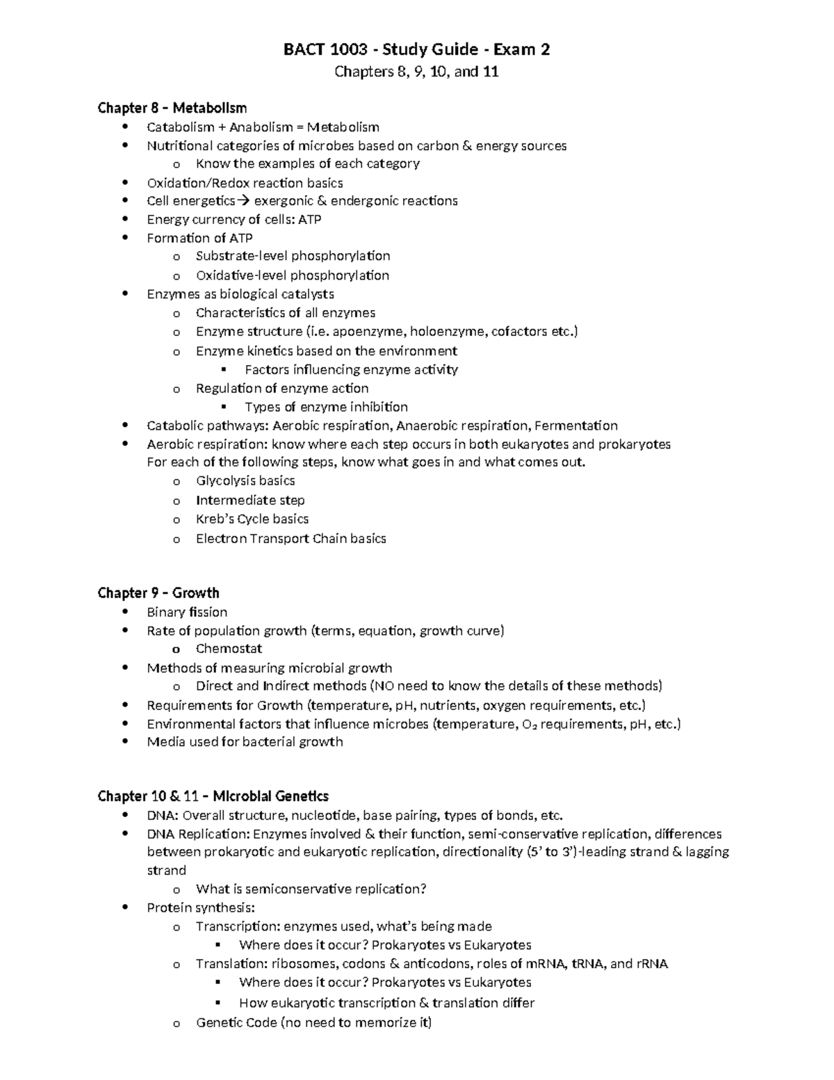 Study+guide Exam+2 - Exam 2 review - BACT 1003 - Study Guide - Exam 2 ...