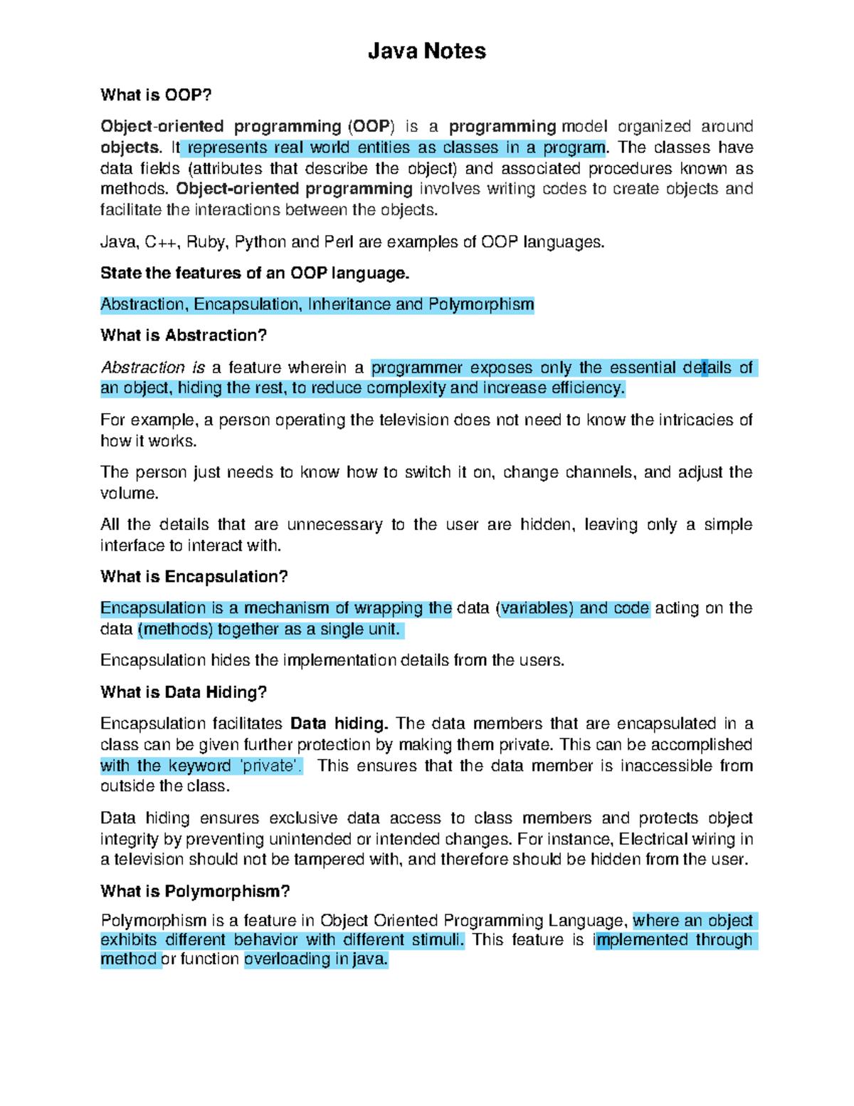 OOP Notes 2020 - nots - Java Notes What is OOP? Object-oriented ...