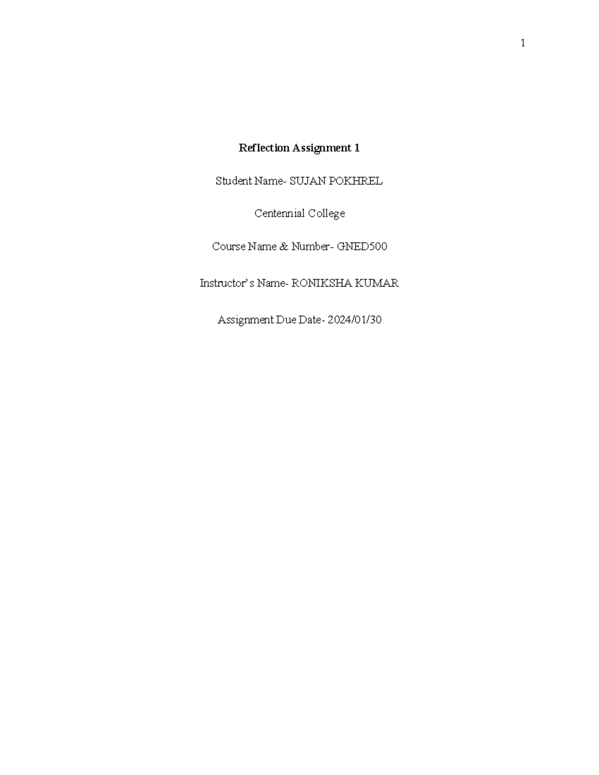 APA Format Template for Written Assignments - GNED - 1 Reflection ...