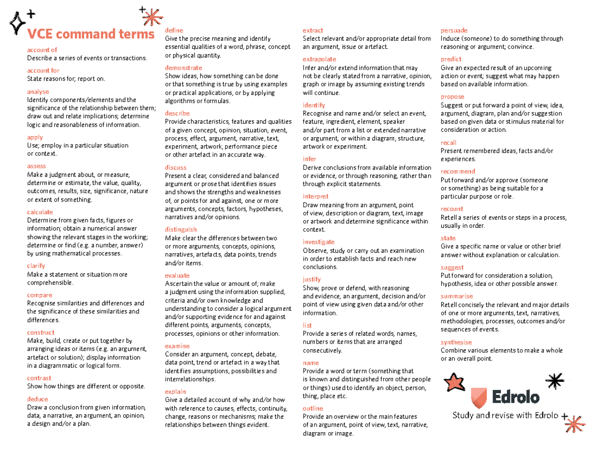 Study Resource VCE Command Term Glossary PDF account of Describe a