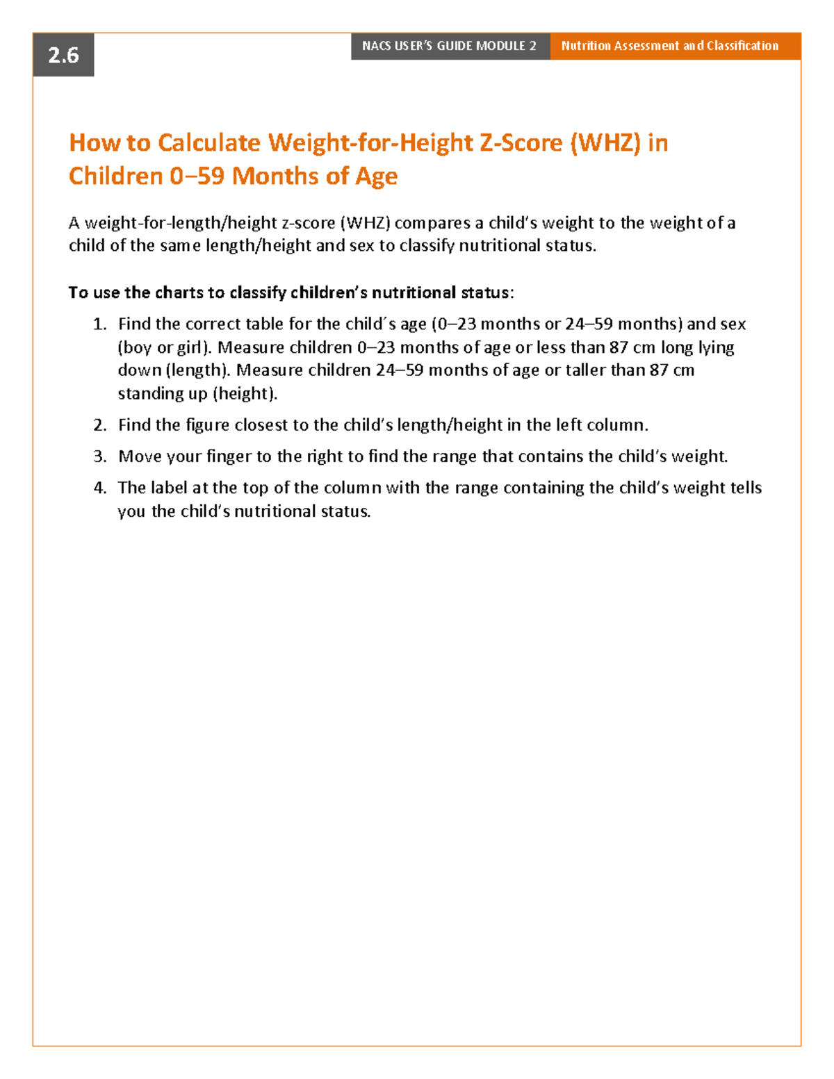 CalculateWHZ Weightforheight Z score 2. NACS USER’S GUIDE MODULE