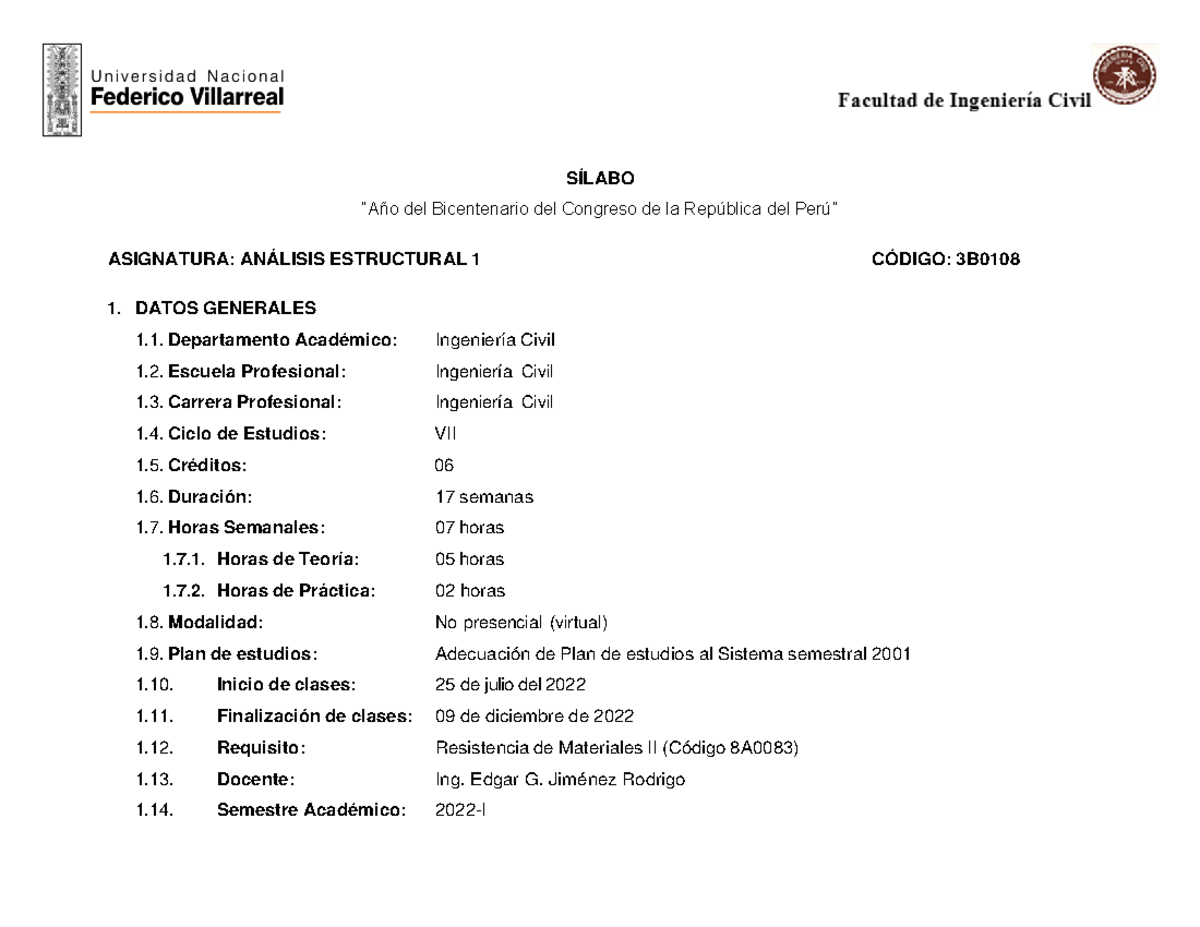 Silabo Análisis Estructural I - 2022 - SÍLABO