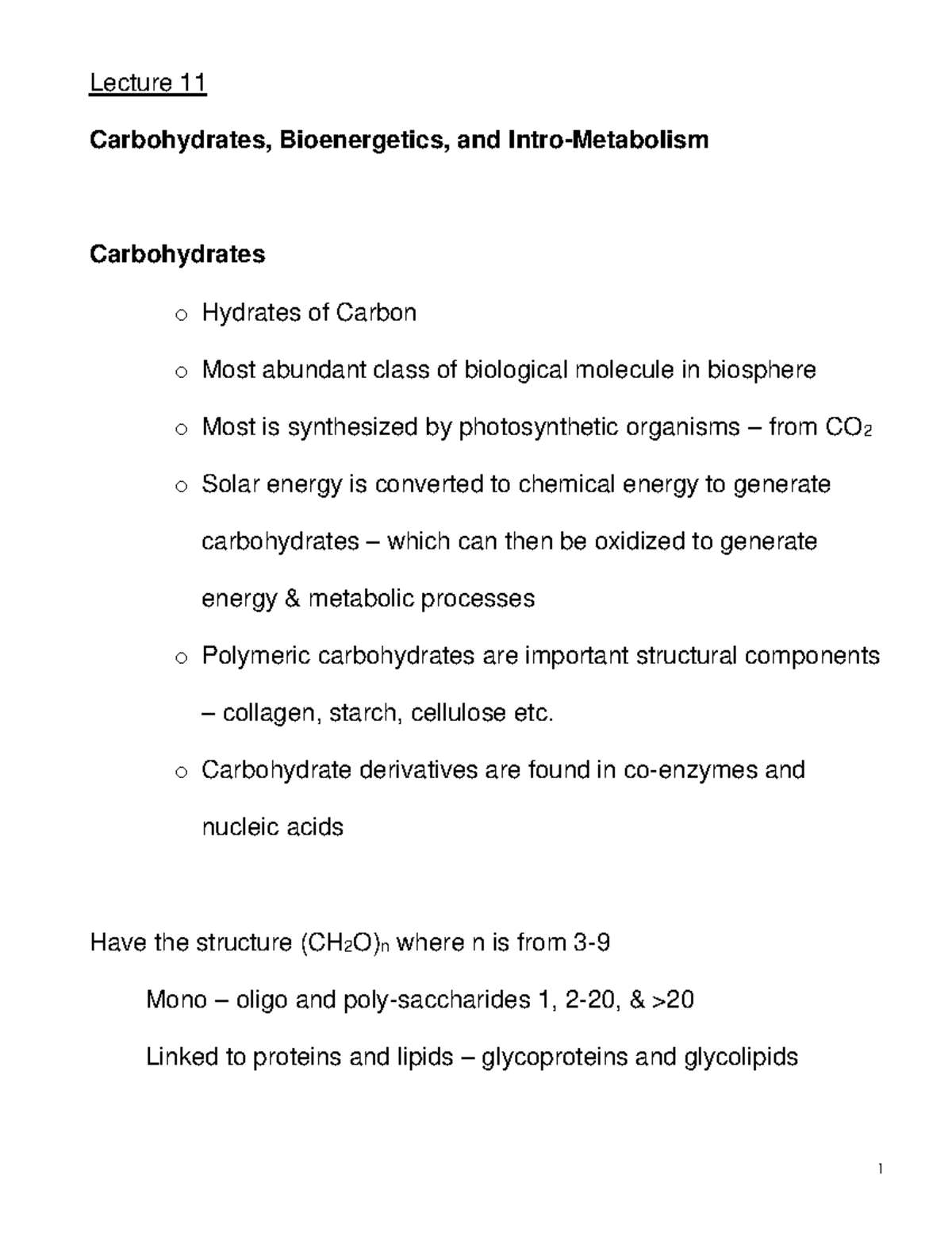 Biochemistry Lecture 11 Notes - Lecture 11 Carbohydrates, Bioenergetics ...