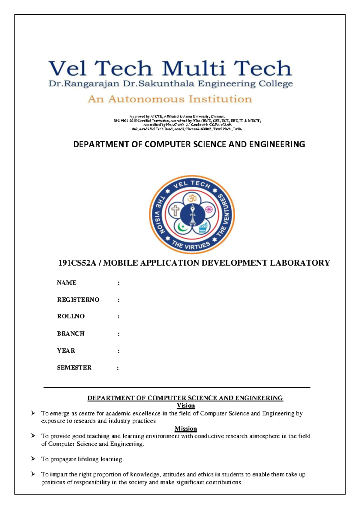 191CS52A-MAD LAB - lab manual for mad lab - ISO 9001:2015 Certified ...