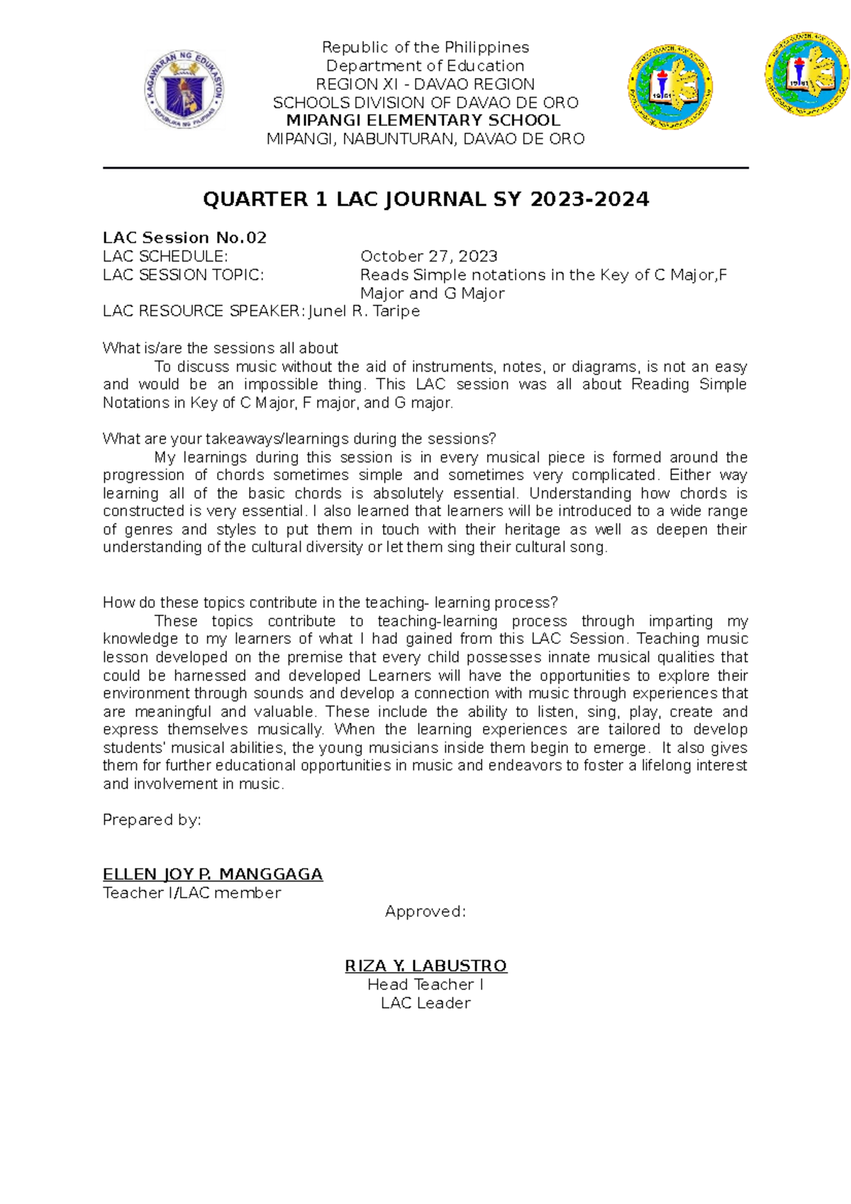 Q1 Lac Journal 2 For Future Purposes Republic Of The Philippines Department Of Education 9205