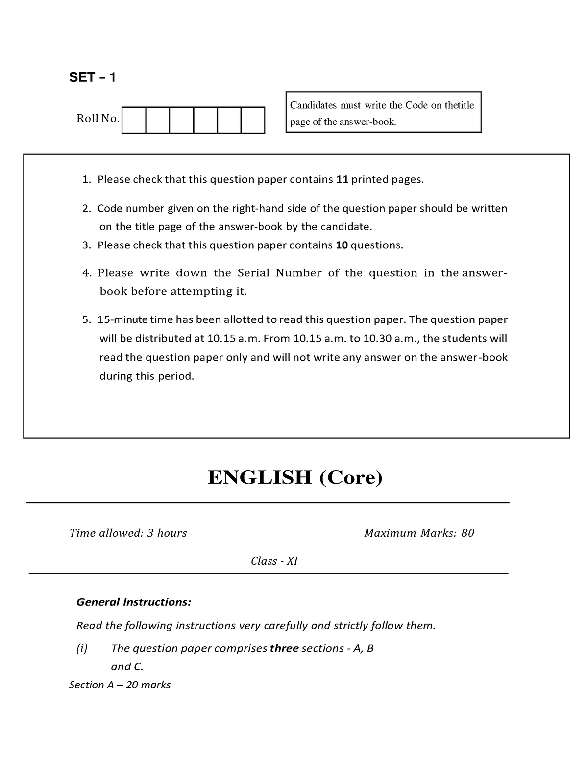 English - this is a sample question paper. - SET – 1 Roll No. 1. Please ...