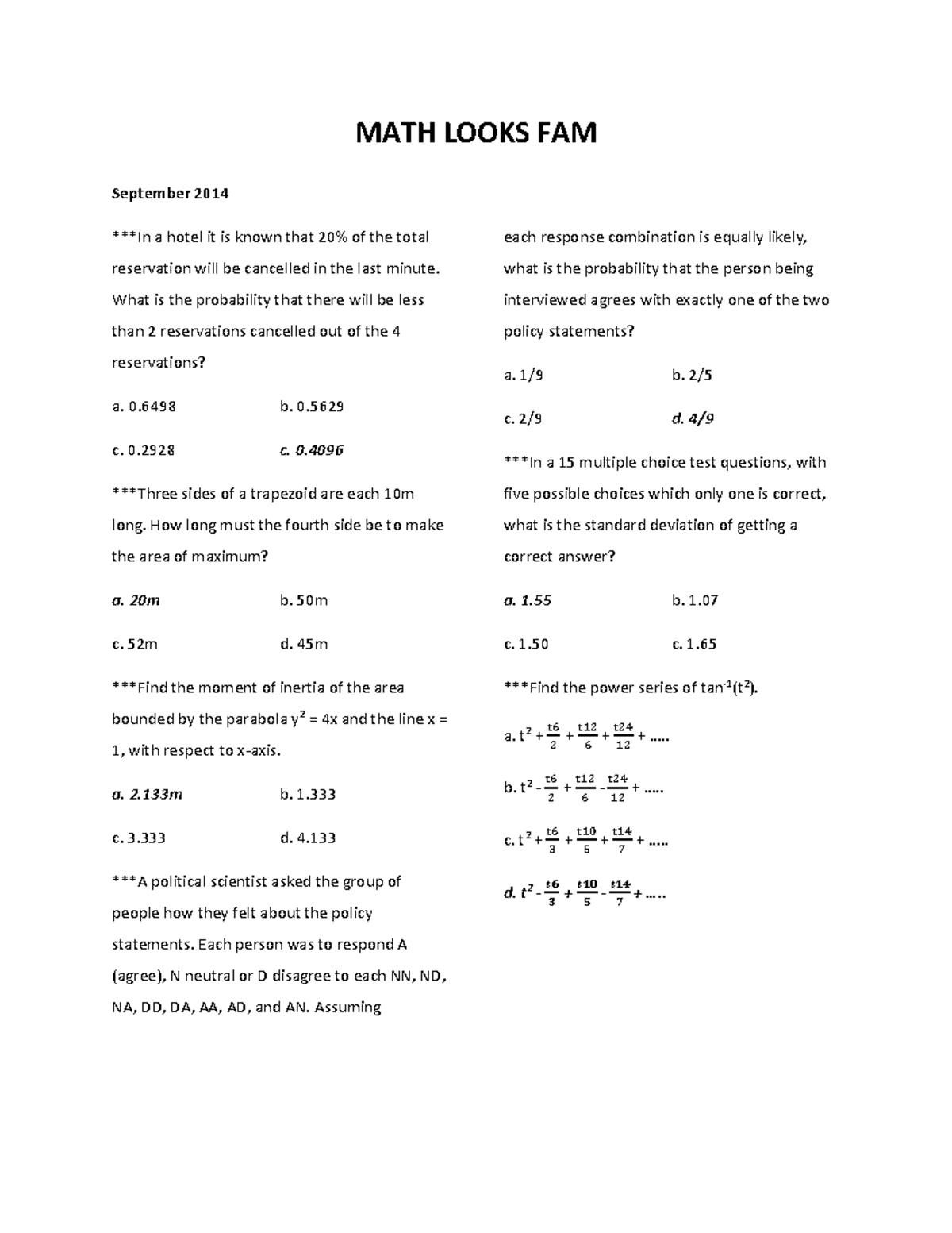 REE MATH Looks FAM MATH LOOKS FAM **September 2014 ***** In a hotel