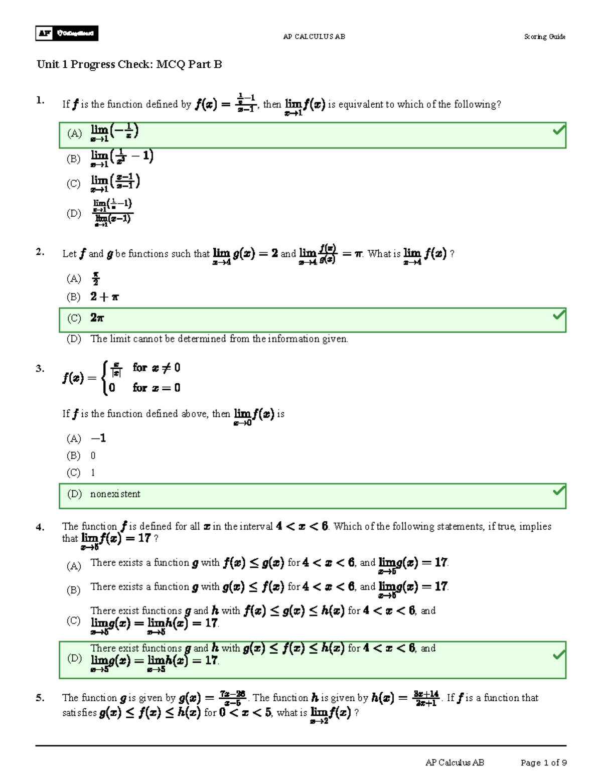 AP Review Solutions Ap classroom answers 1. If is the function