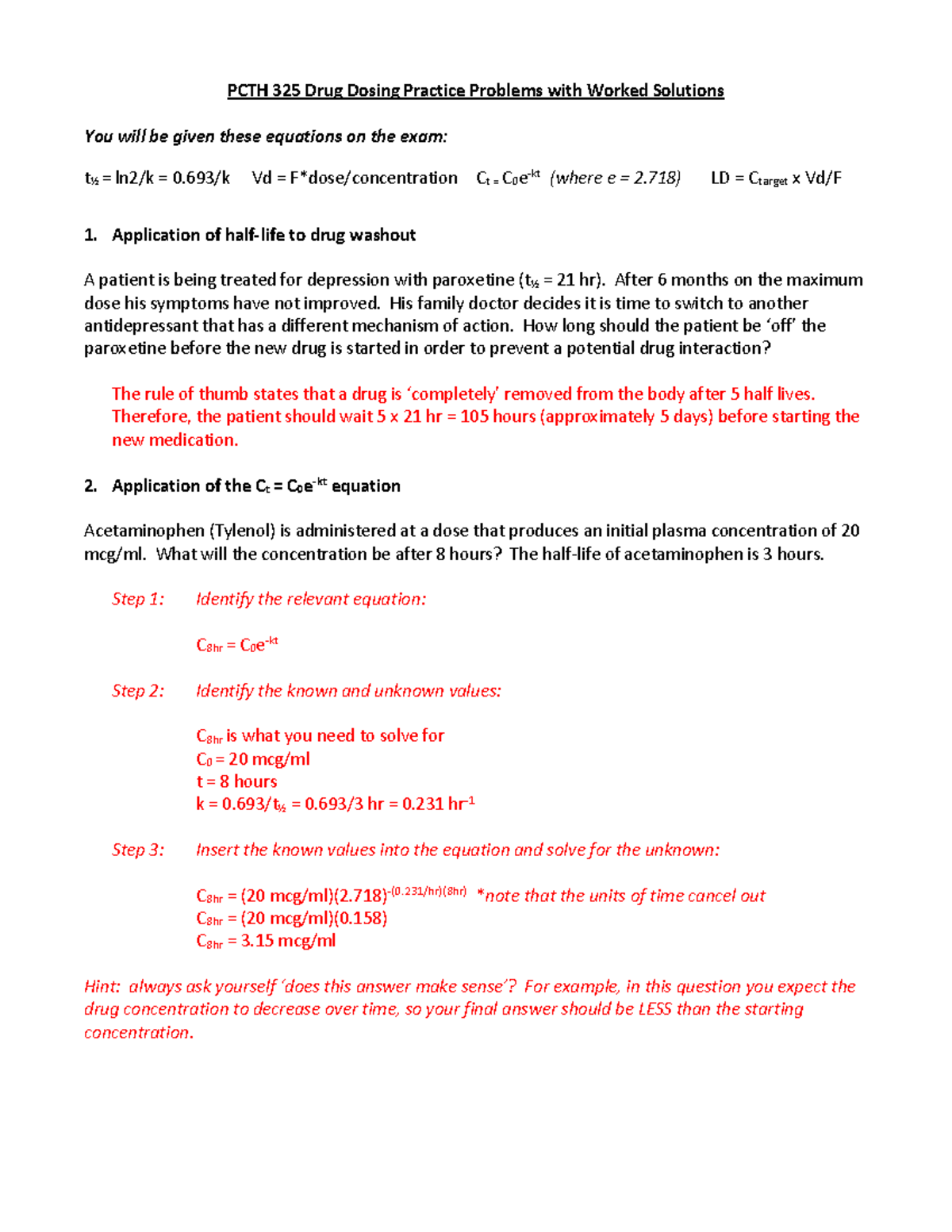 PK Problem Set Key - PCTH 325 Drug Dosing Practice Problems with Worked ...