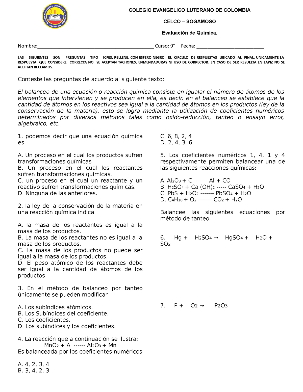 Evaluaci N Balanceo De Ecuaciones Colegio Evangelico Luterano De Colombia Celco Sogamoso