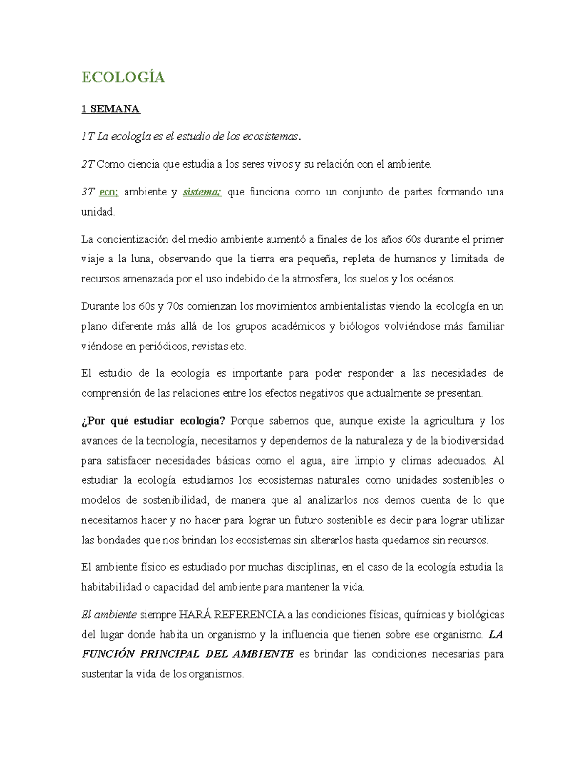 Ecología - tarea ecologia - ECOLOGÍA 1 SEMANA 1T La ecología es el ...