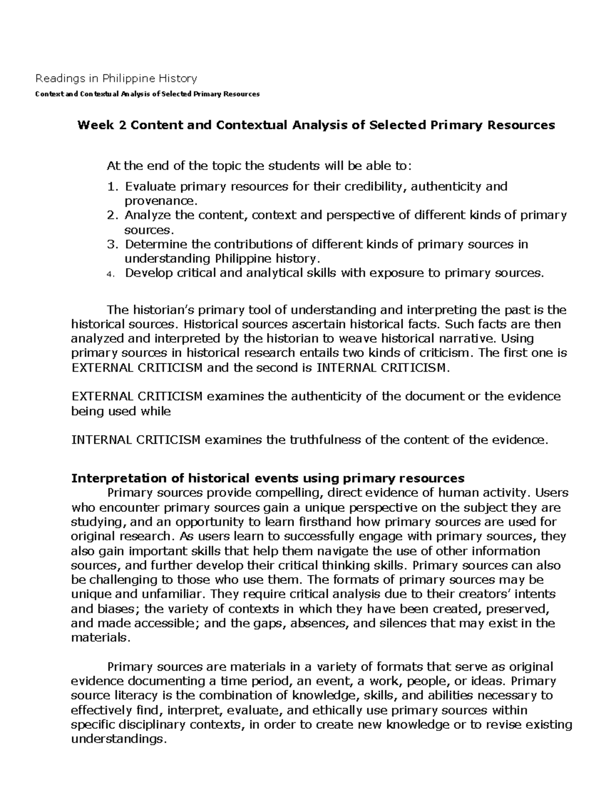 Week 2 Content and Contextual Analysis of Selected Primary Resources