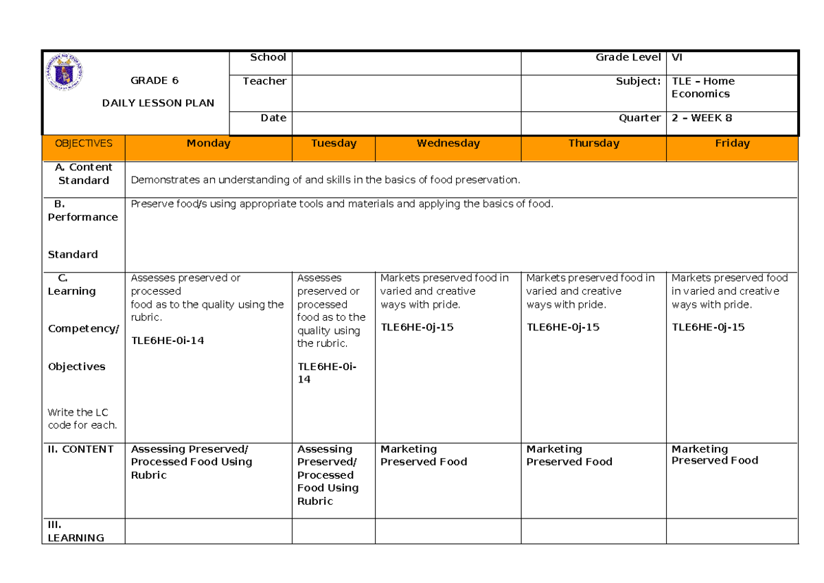 WEEK8-dll-TLE -HE-1 - DLL - GRADE 6 DAILY LESSON PLAN School Grade ...