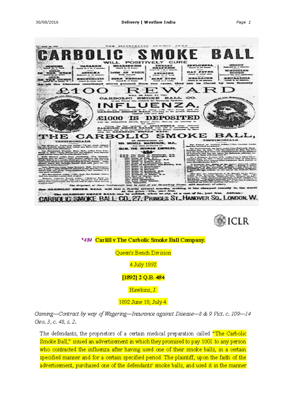 Carlill V The Carbolic Smoke Ball Company - Queen's Bench Division 4 ...