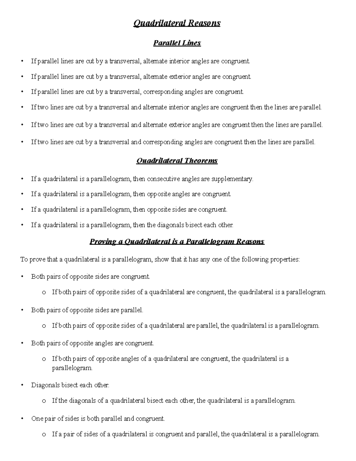 Quadrilateral Reasons and Theorems - Quadrilateral Reasons Parallel ...