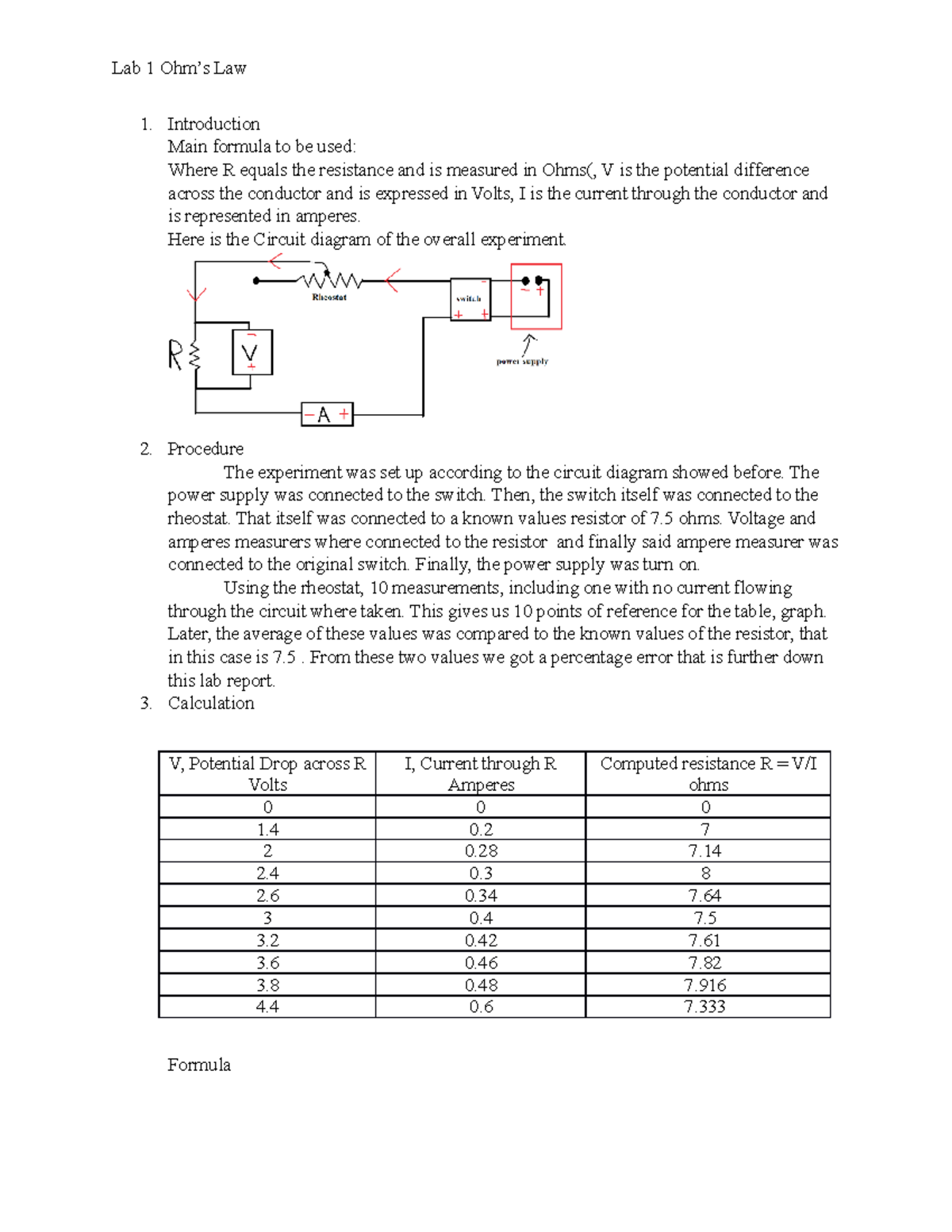 Physics lab report 1 Lab 1 Ohm’s Law Introduction Main formula to be