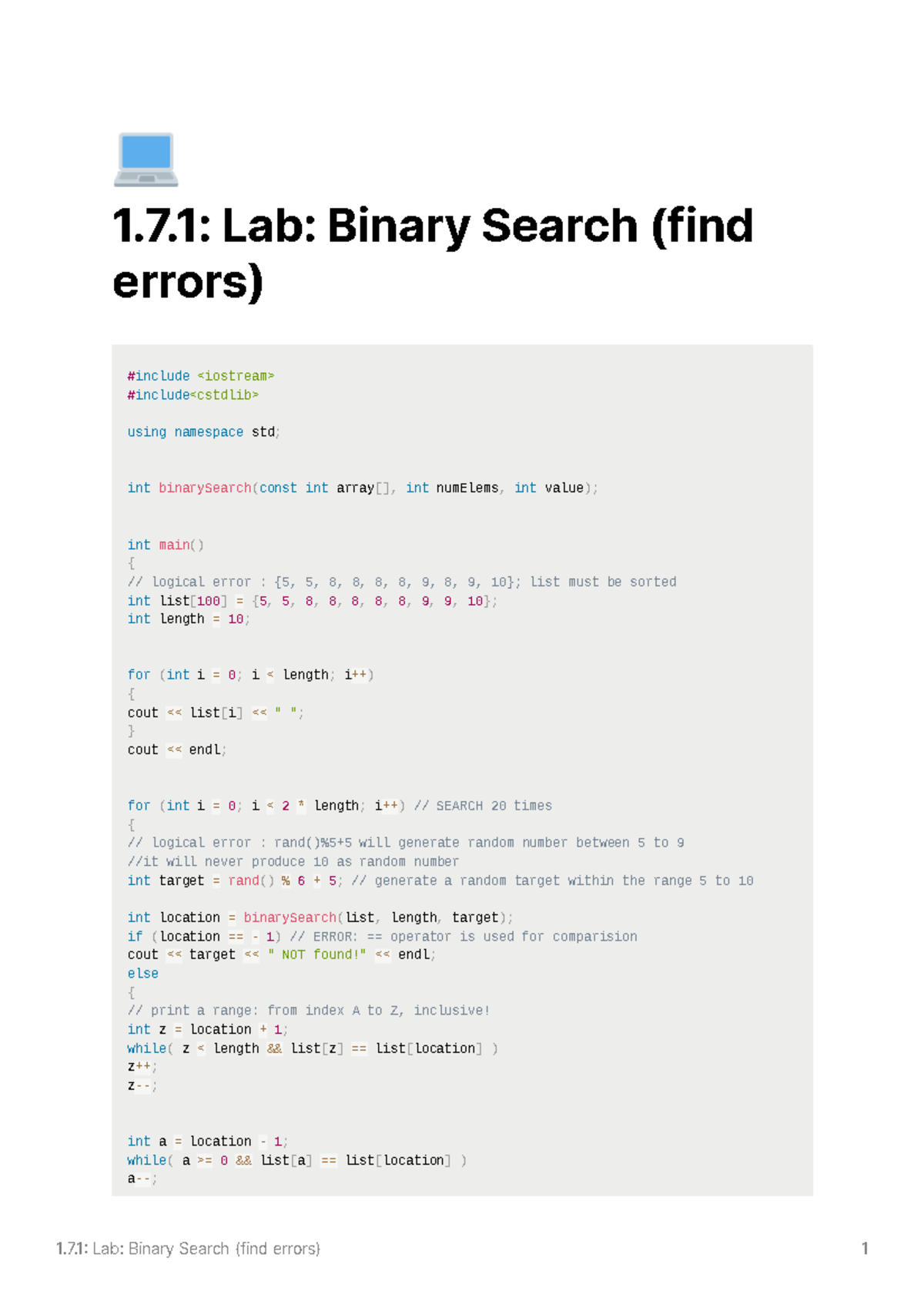 1.7 Lab: Binary Search (find errors) Code - Ԇ.7.Ԇ Lab: Binary Search ...