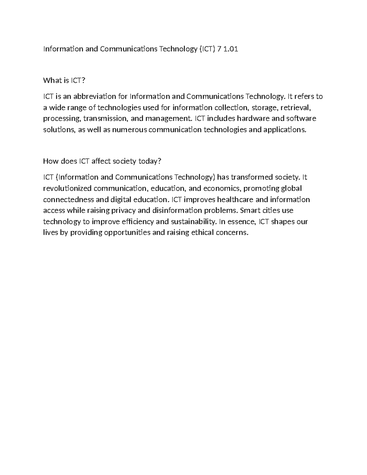 Information and Communications Technology - What is ICT? ICT is an ...