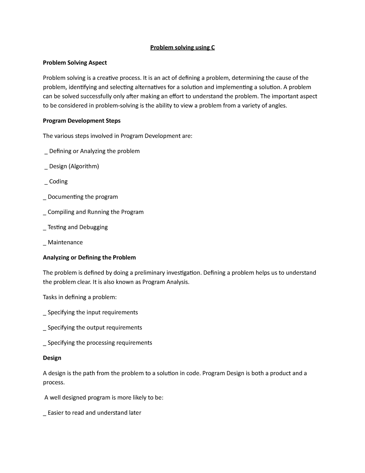 problem solving using c mca notes