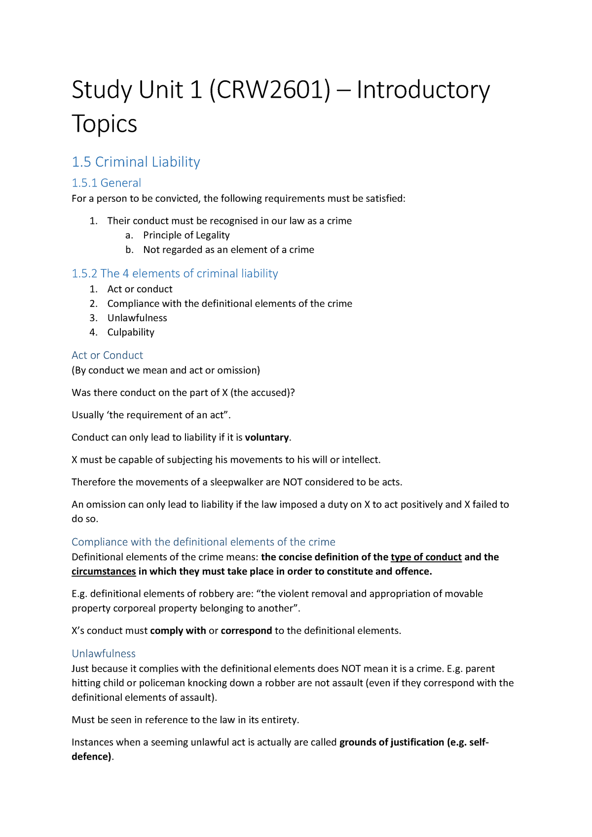 Notes Exam - Study Unit 1 (CRW2601) – Introductory Topics 1 Criminal ...