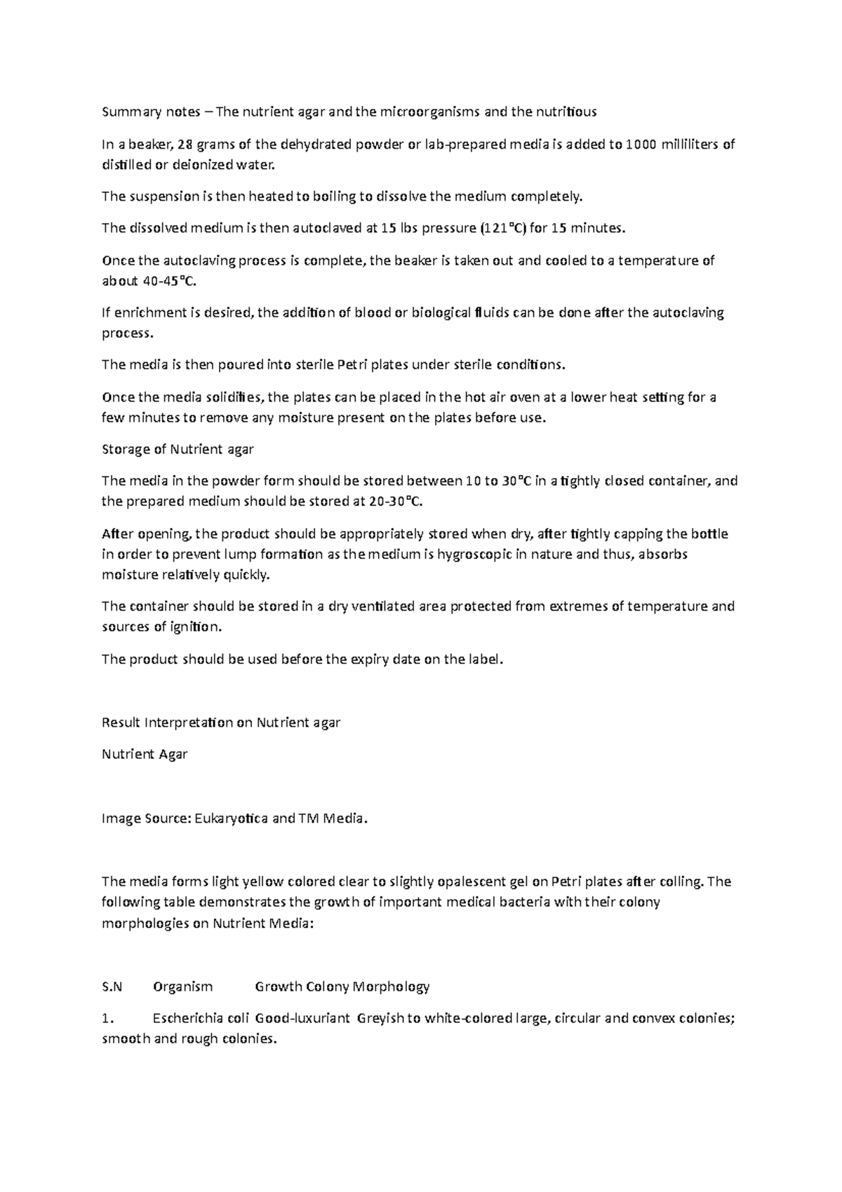 Summary notes – The nutrient agar and the microorganisms and the ...