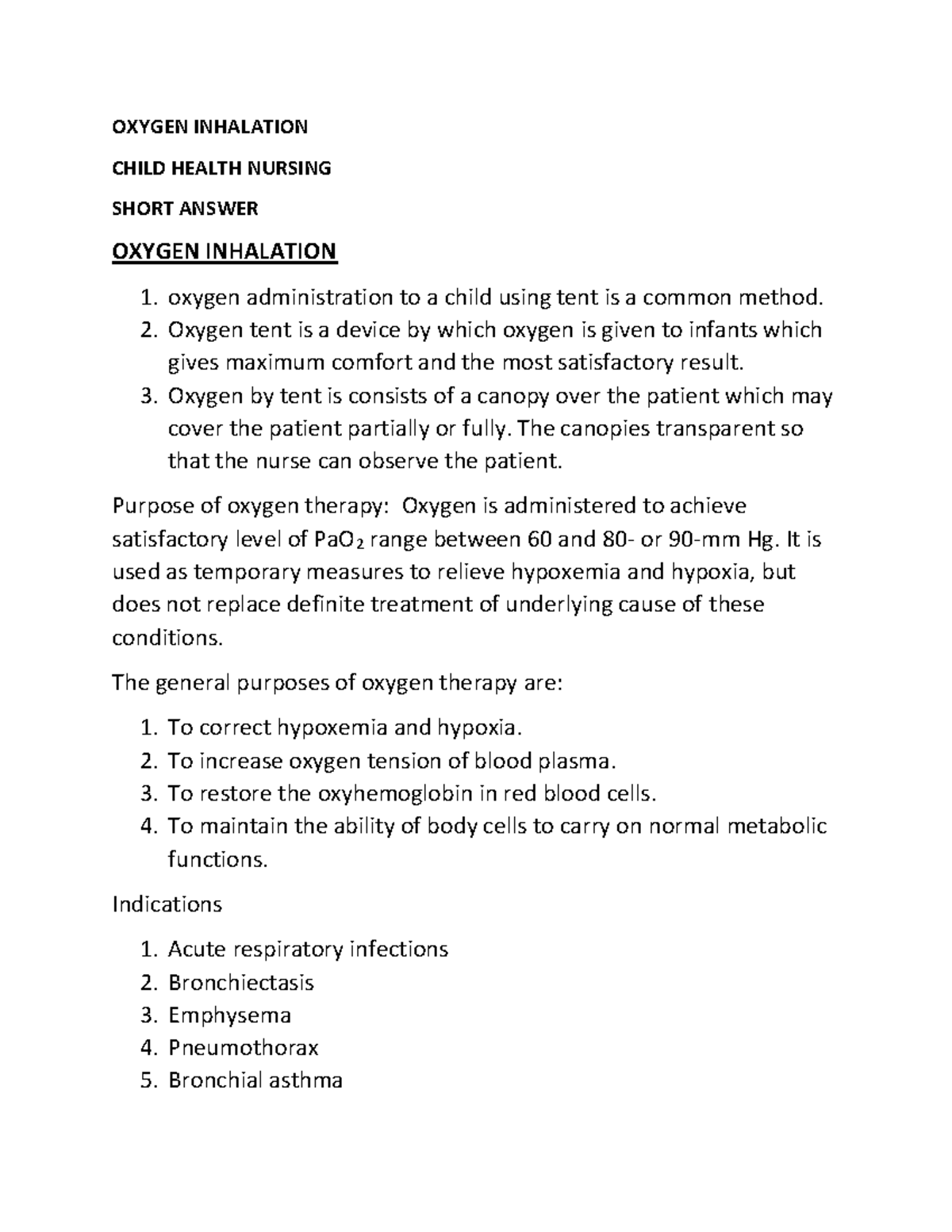 Oxygen Inhalation OXYGEN INHALATION CHILD HEALTH NURSING SHORT ANSWER