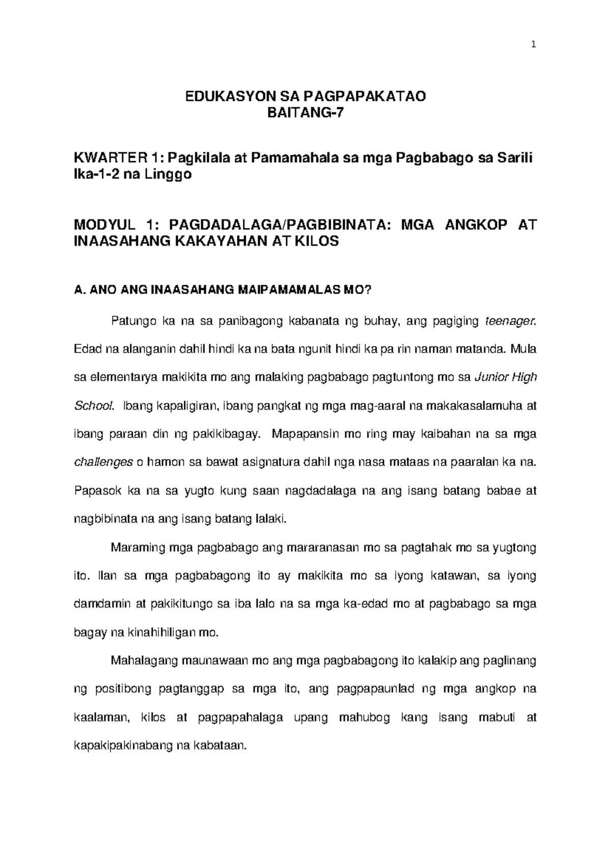 Es P-7 Q1 W1 Mod1 Pagdadalaga-at-Pagbibinata - EDUKASYON SA ...