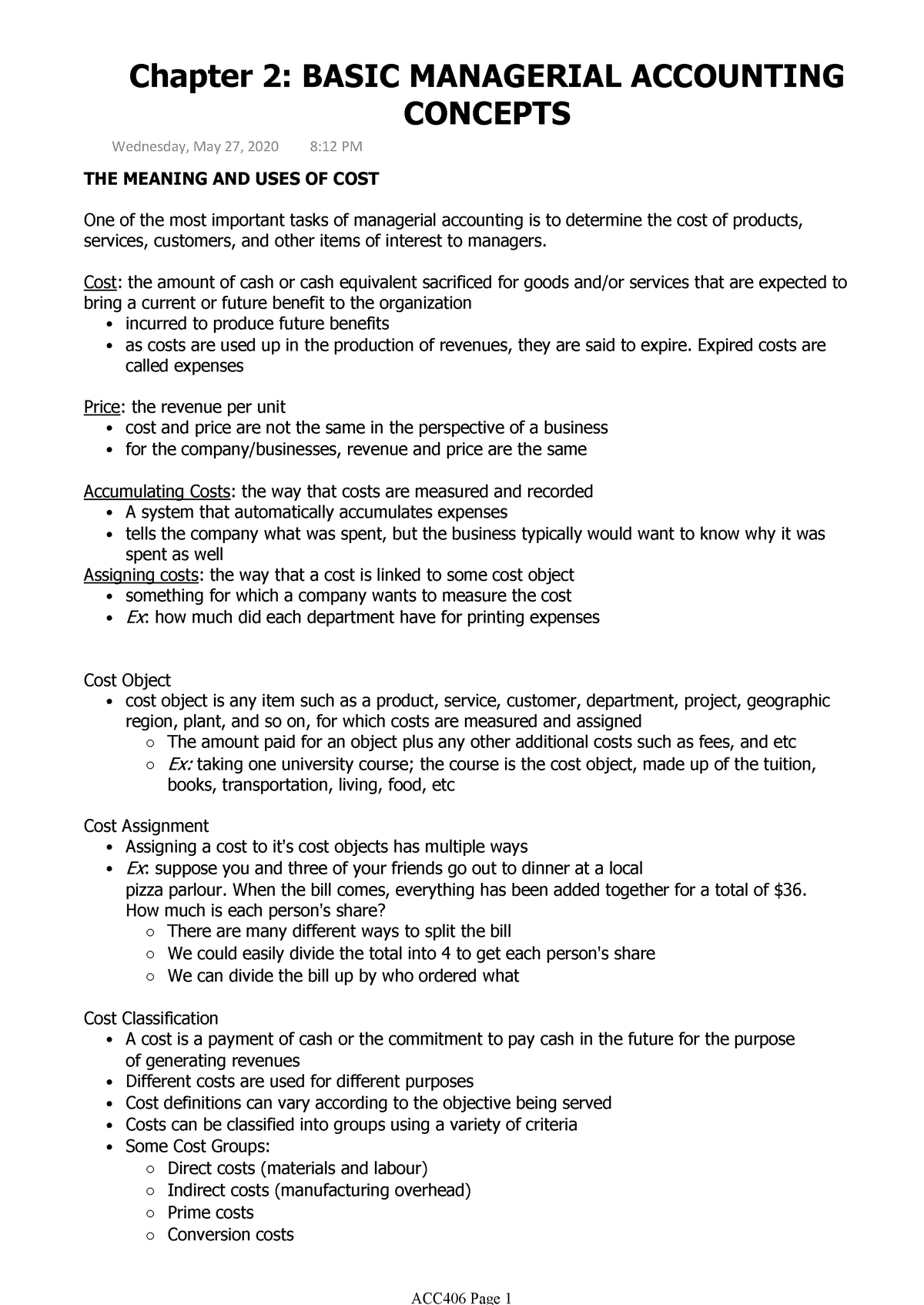 ACC406 - Chapter 2 - Lecture notes 2 - THE MEANING AND USES OF COST One ...