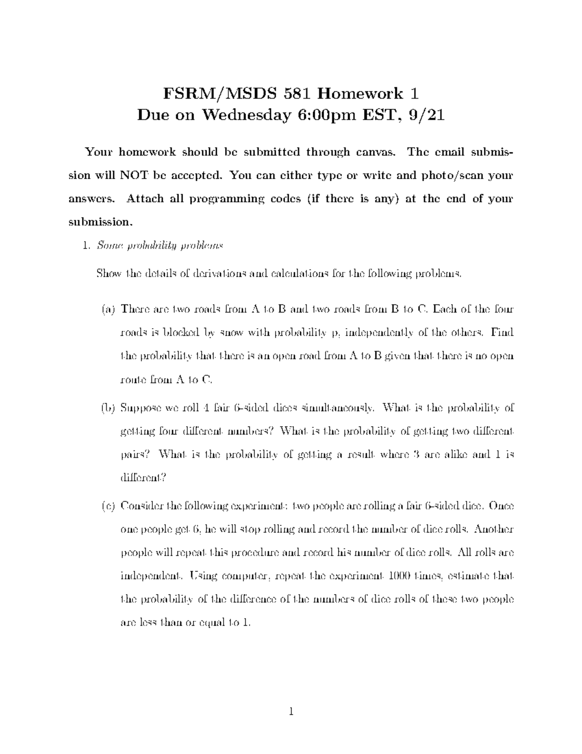Hw1 probability conditional probability independence fsrm msds