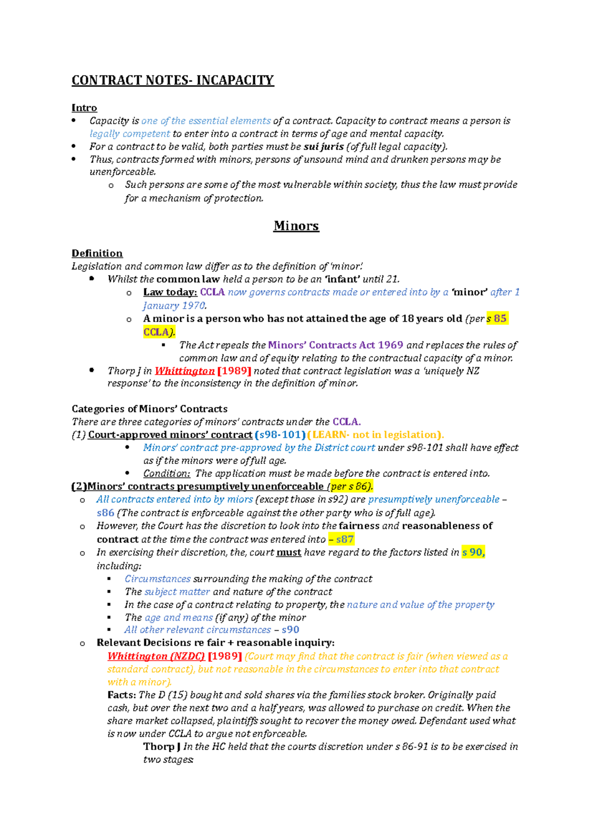 Incapacity - Exam summary - CONTRACT NOTES- INCAPACITY Intro Capacity ...