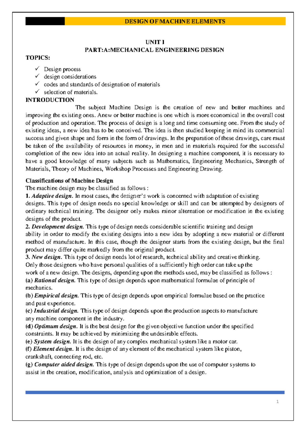 I-UNIT - TOPICS: Design process UNIT I PART:A:MECHANICAL ENGINEERING ...