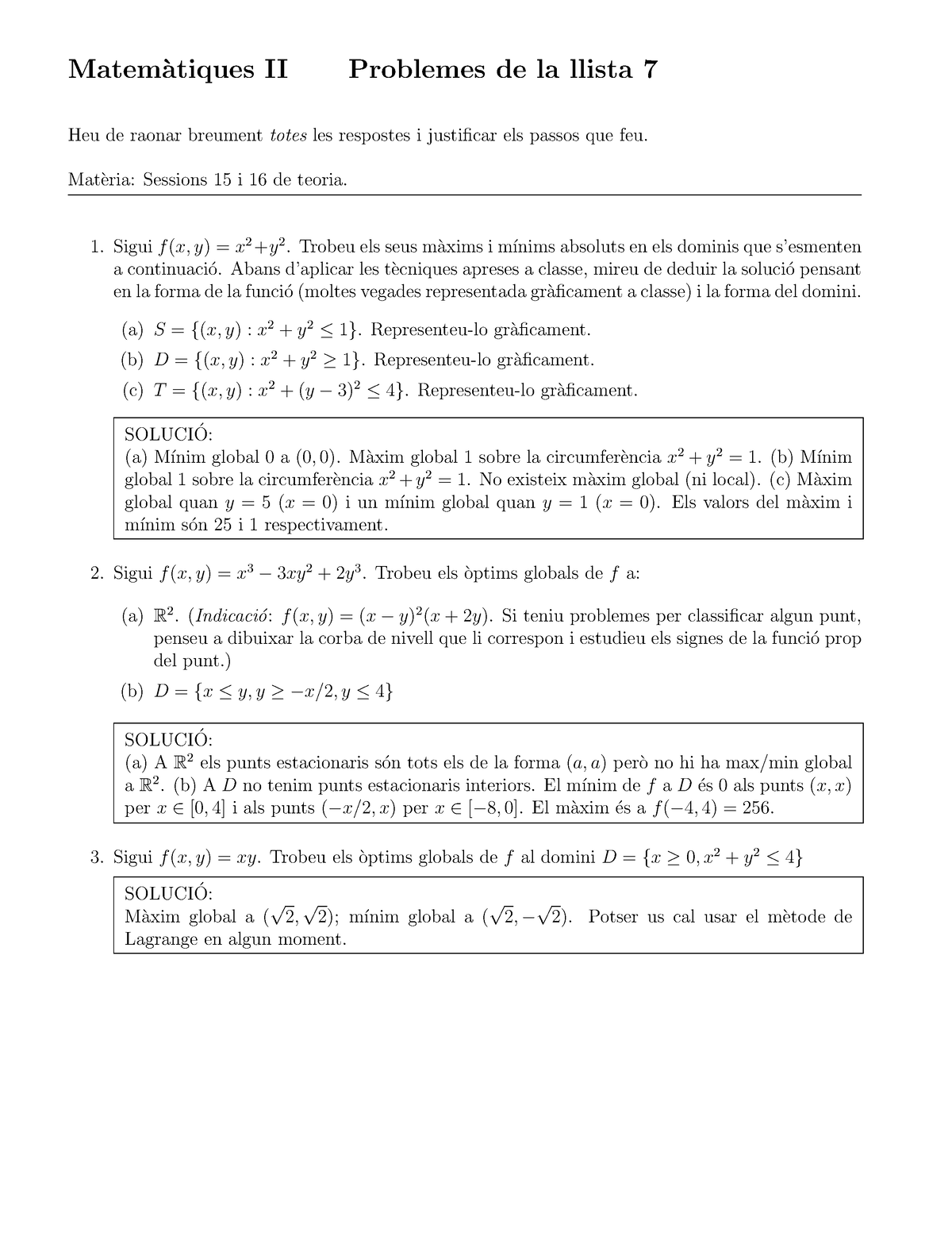 Llista De Problemes Per Practicar Per Lexamen Matem`atiques Ii