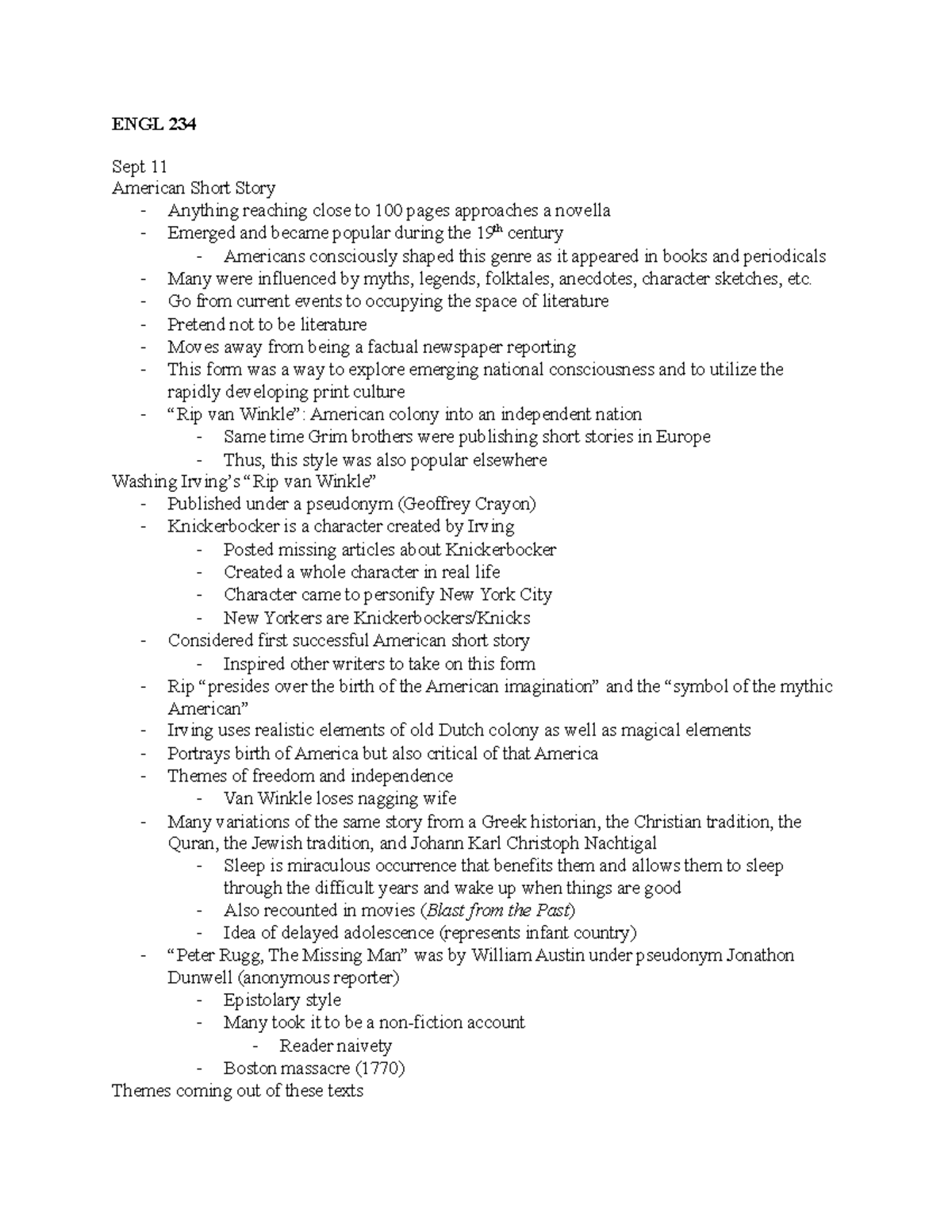 ENGL 234 ALL Lecture Notes For Professor Martinovic s Short Story