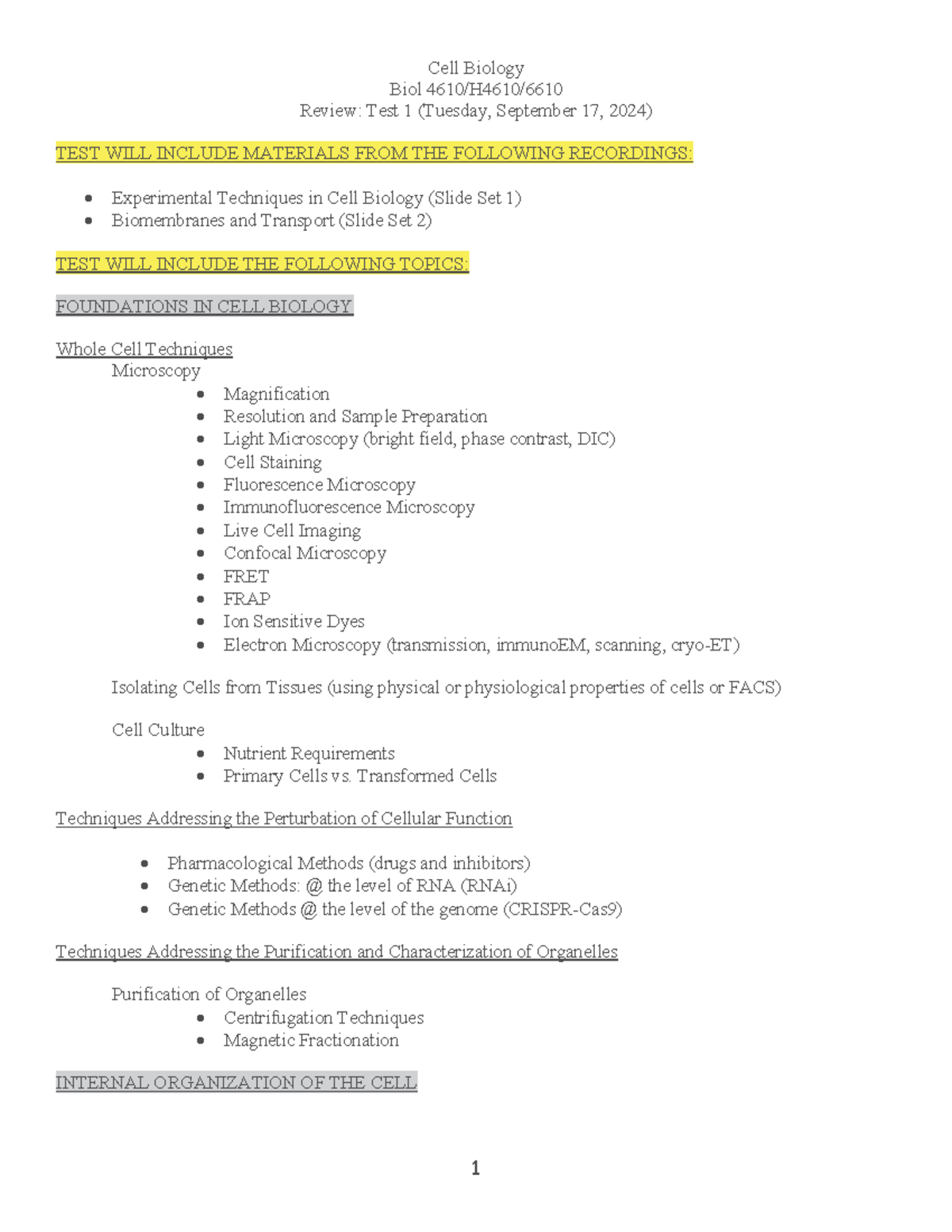 Test Review 1-Fall 2024 - 1 Cell Biology Biol 4610/H4610/ Review: Test ...