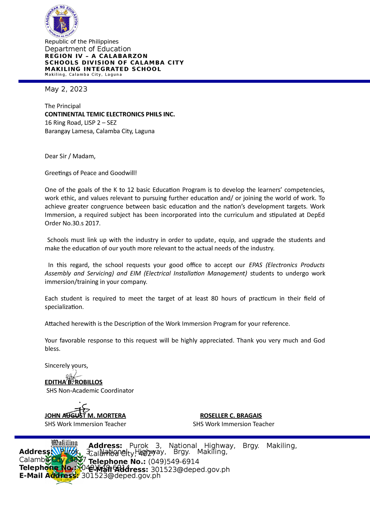 WORK Immersion Letter - Republic of the Philippines Department of ...