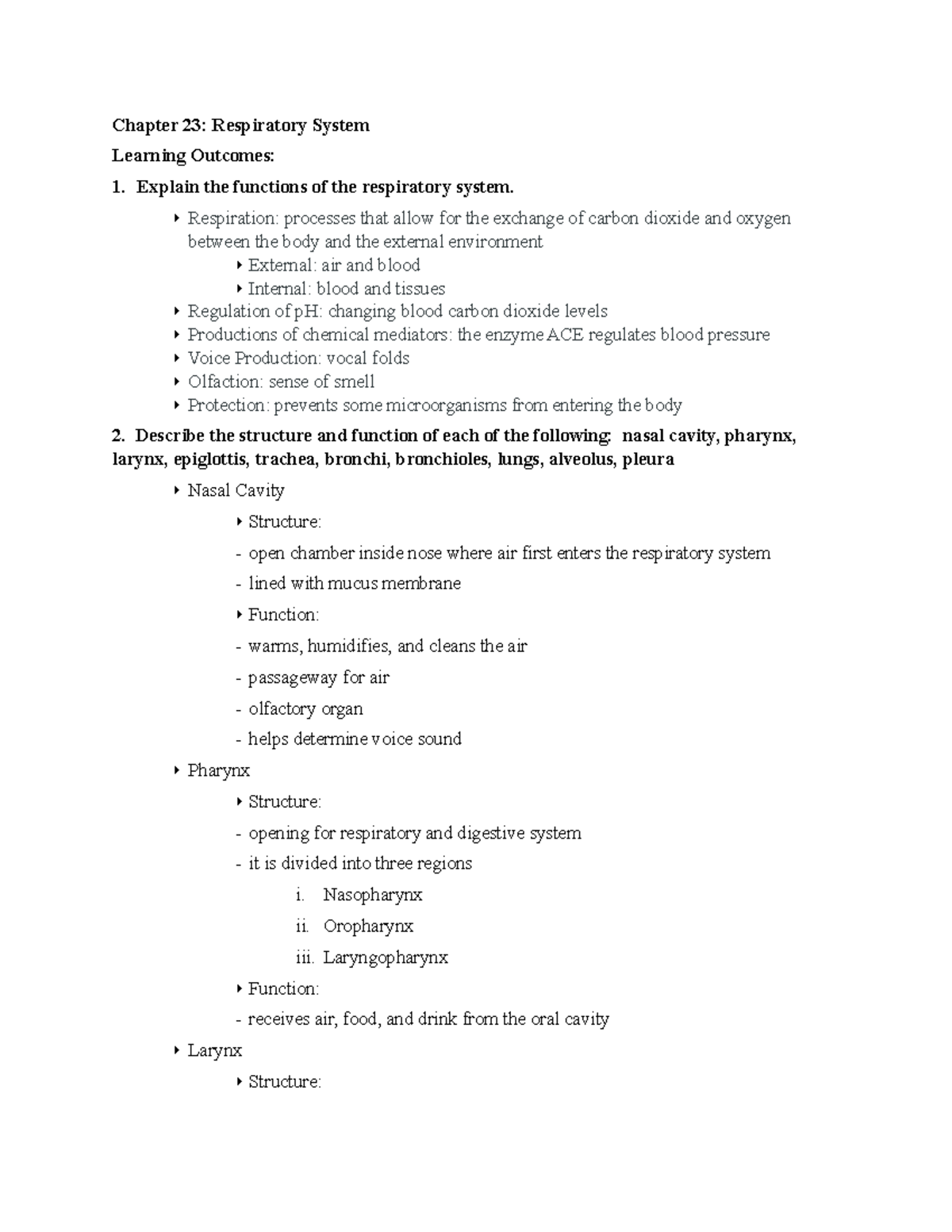 Chapter 23 Respiratory System - Chapter 23: Respiratory System Learning ...