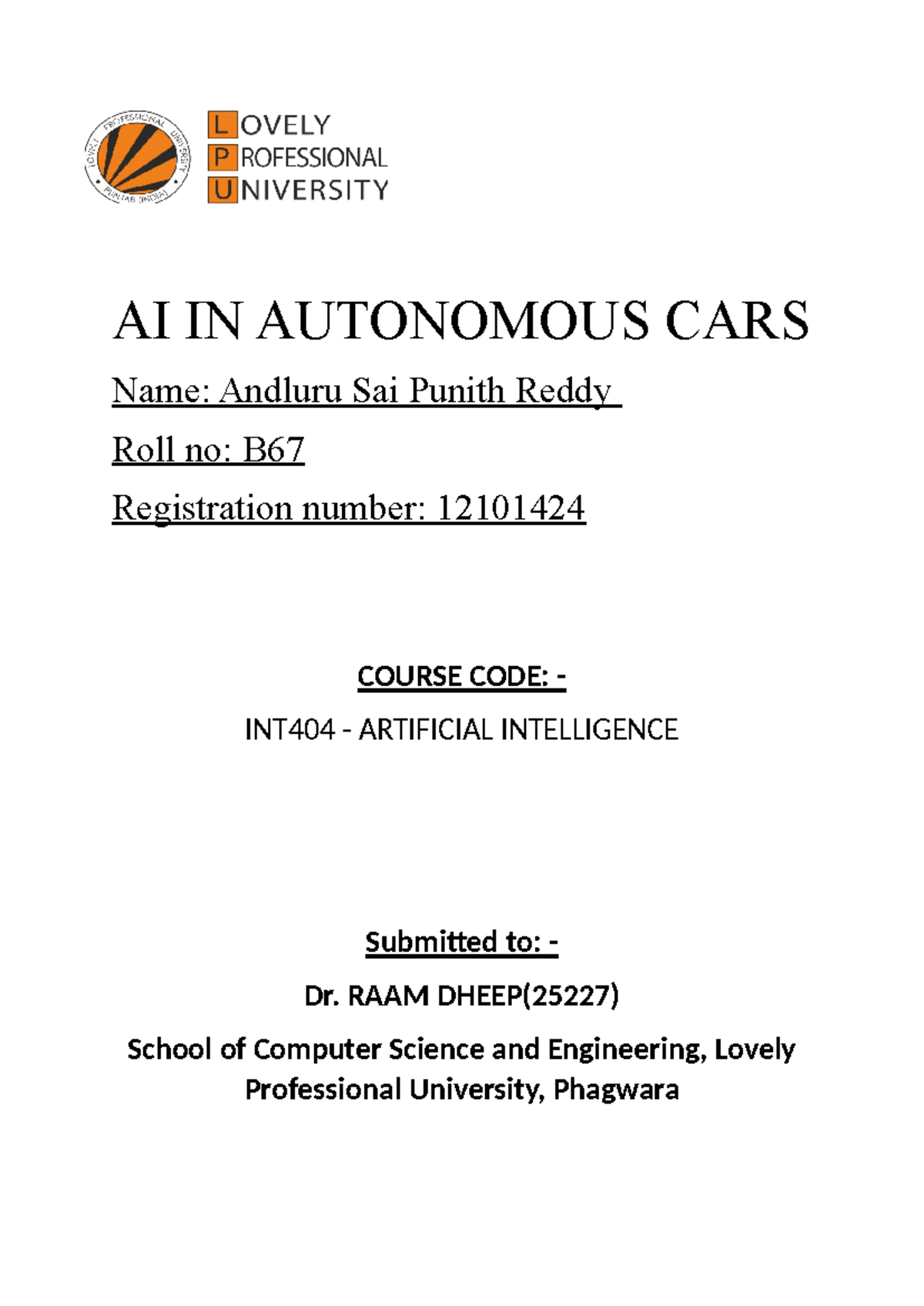 AI IN Autonomous CARS AI IN AUTONOMOUS CARS Name Andluru Sai Punith