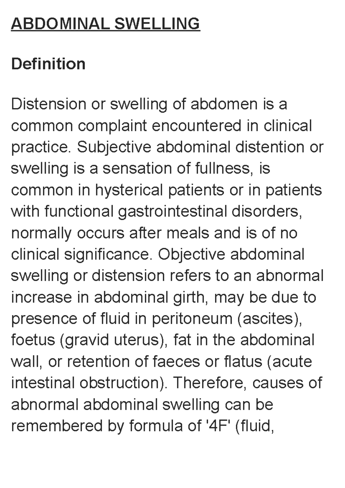 Abdominal Swelling Lecture notes 1 and 2 ABDOMINAL SWELLING