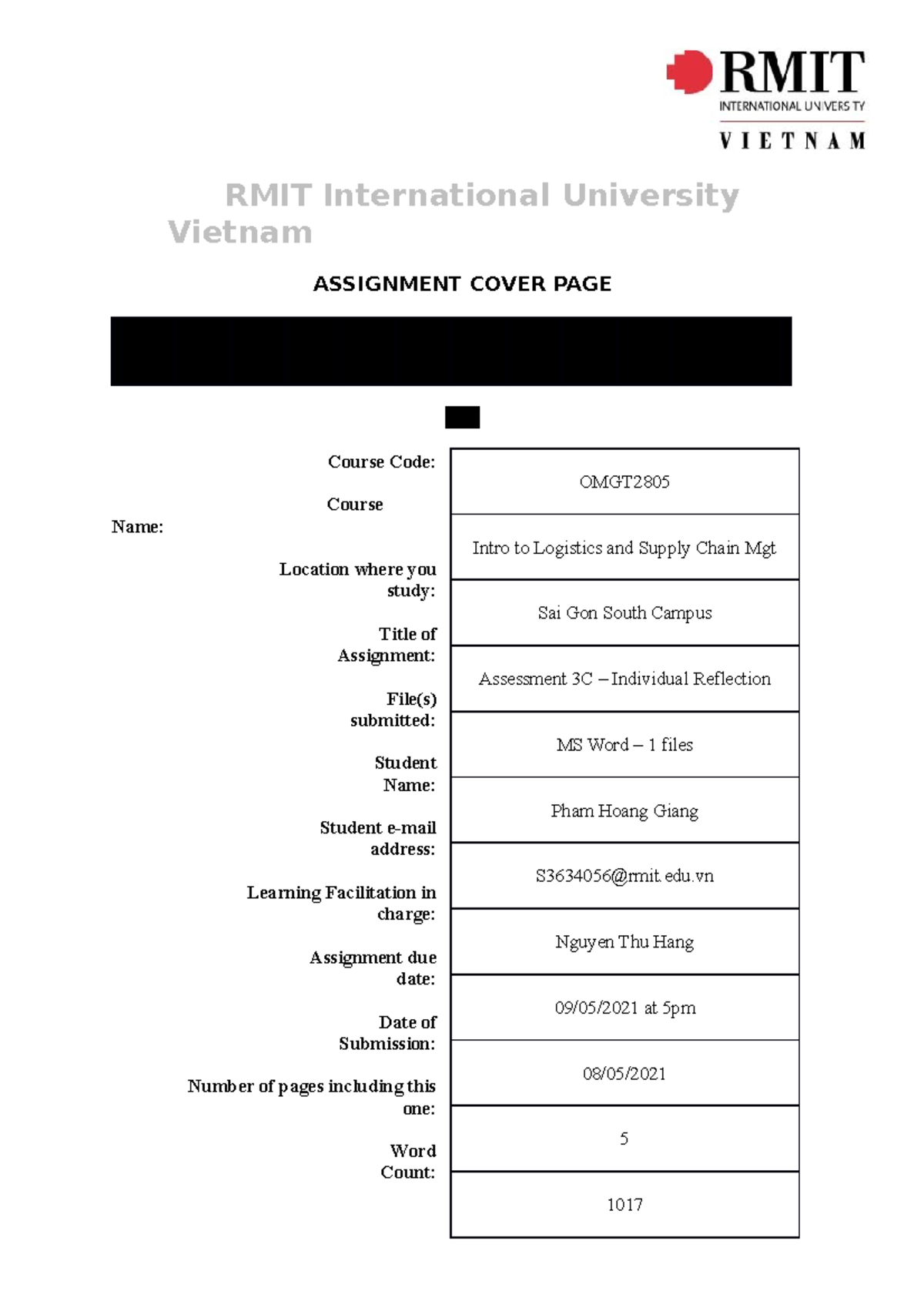 Intro to Logistic - RMIT International University Vietnam ASSIGNMENT ...