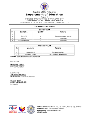 Status report DCP Lab 2 - Lab - Address: 14th Corner St. Rizal Ave ...