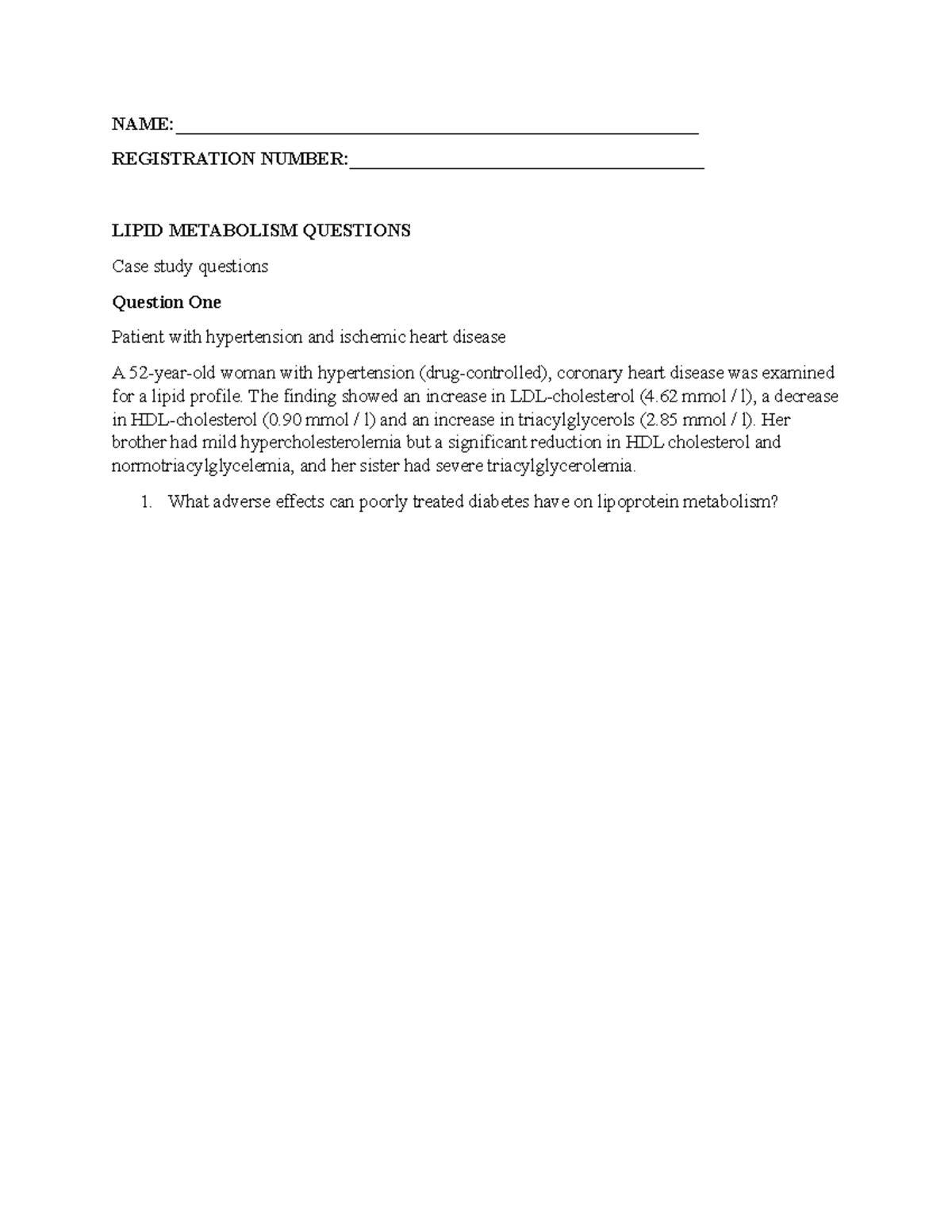 Assignment Lipid Metabolism Questions - - Studocu