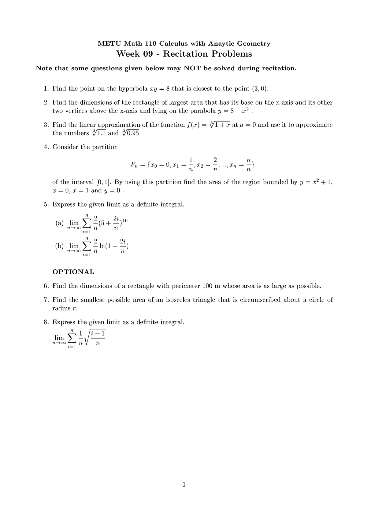 MATH 119 2023-1 Recitation Week 09 - METU Math 119 Calculus With ...