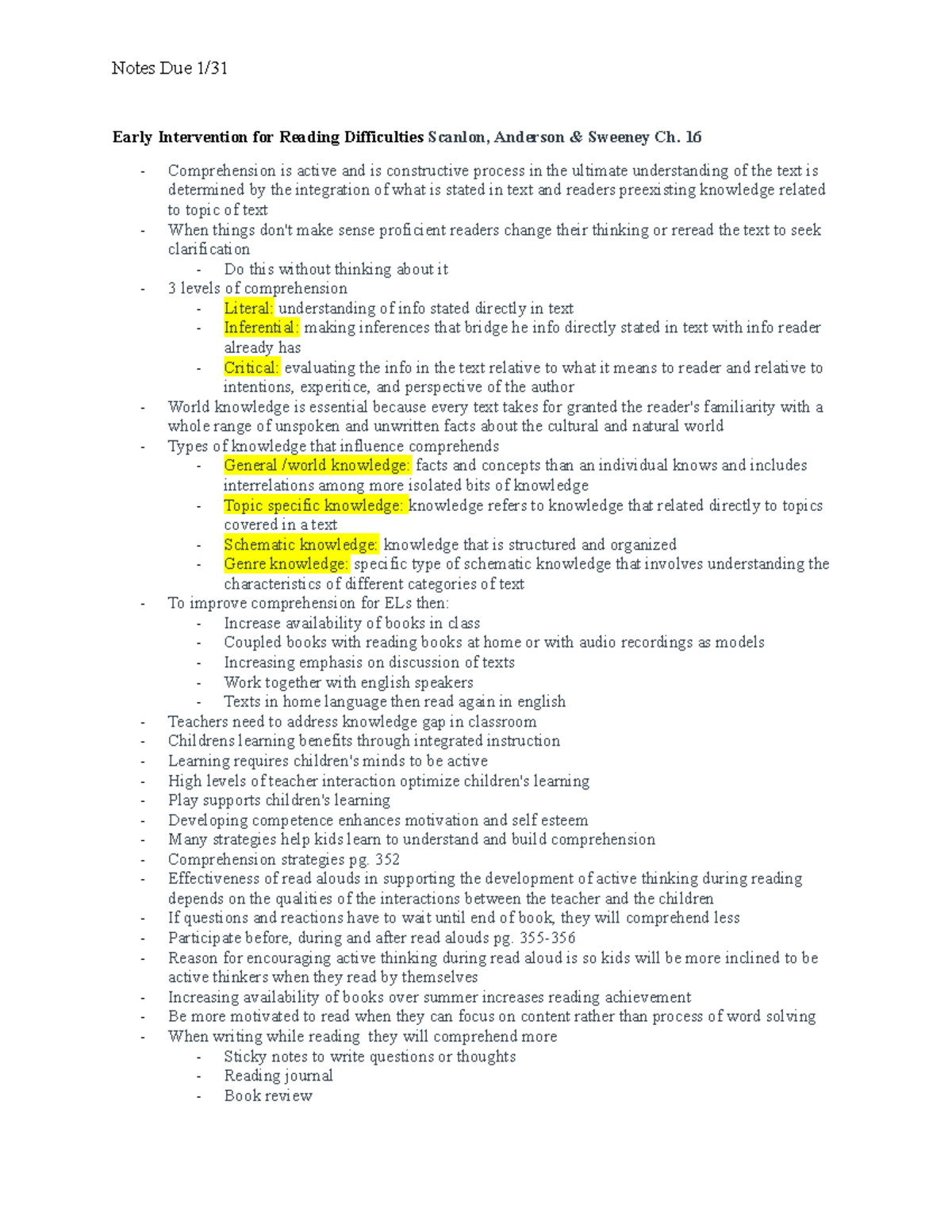 Notes Due 1 31 Notes Due 1/ Early Intervention for Reading