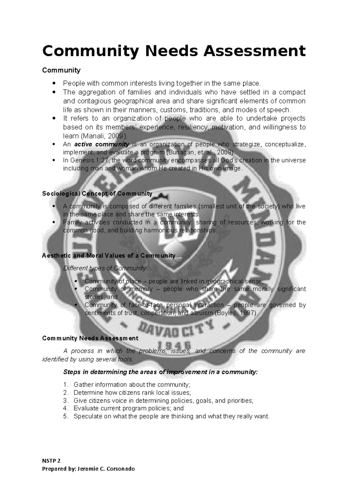 community needs assessment nstp essay